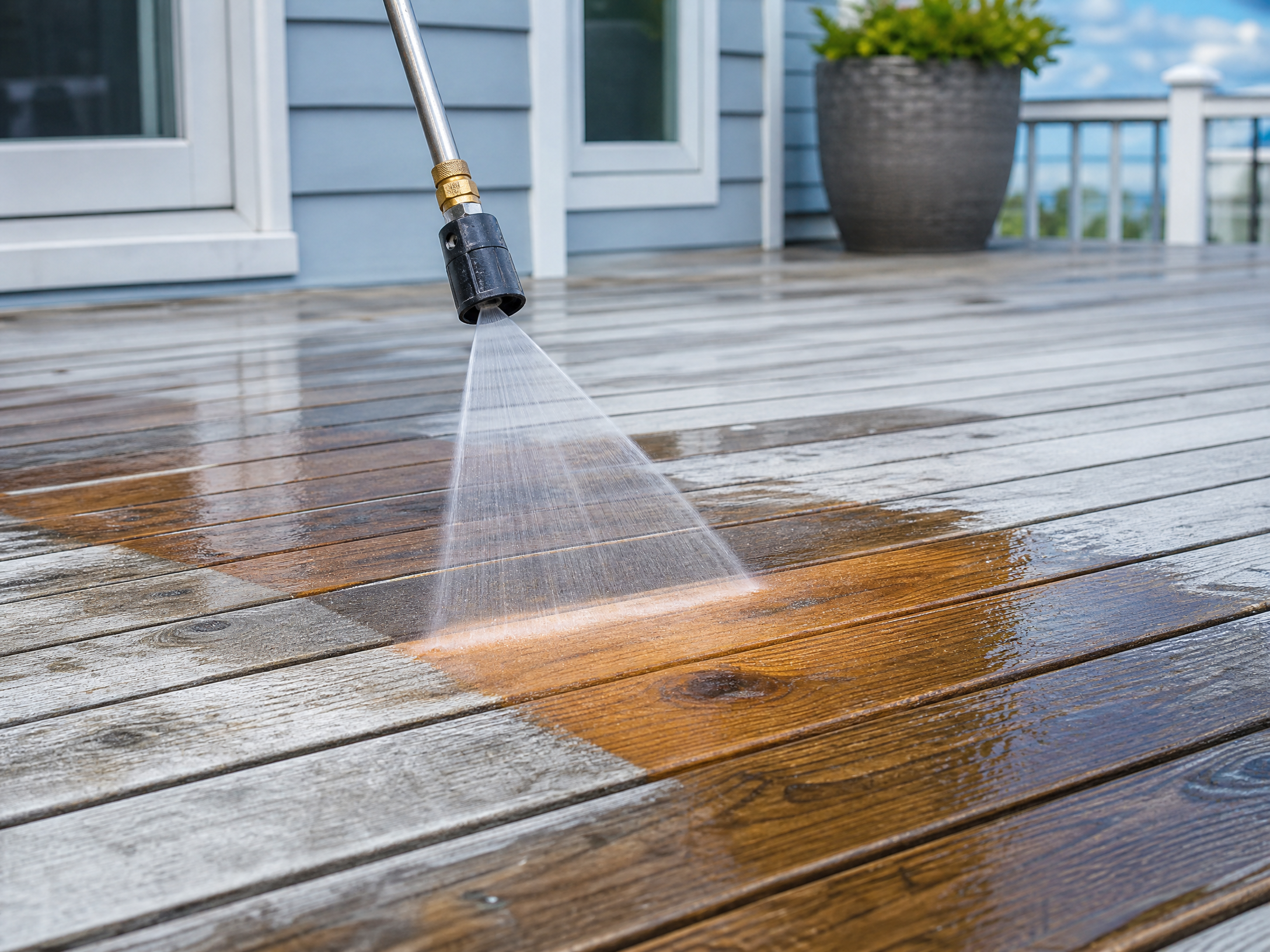Deck being cleaned with a wide fan pressure washer
