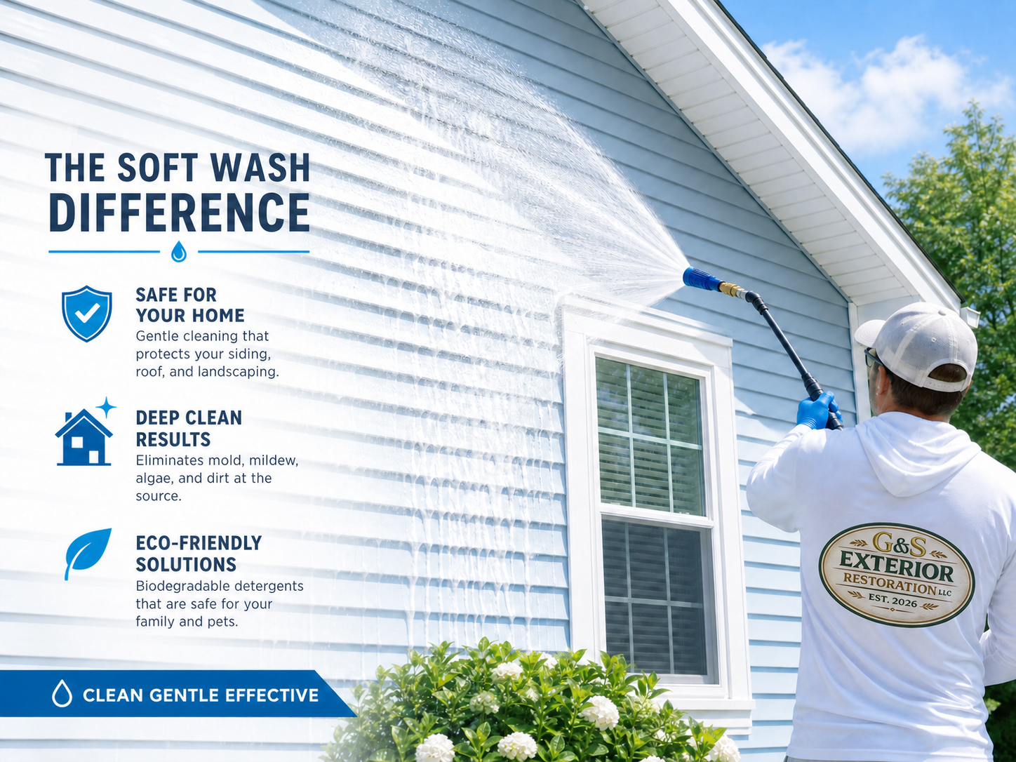 House siding being cleaned with a low-pressure wash
